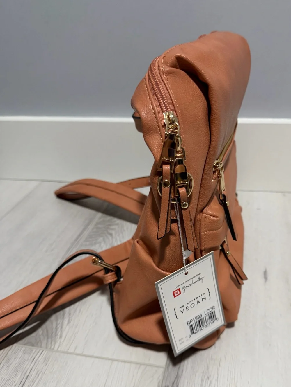 Women's Tan Faux-Leather Backpack with Front Zip Pocket